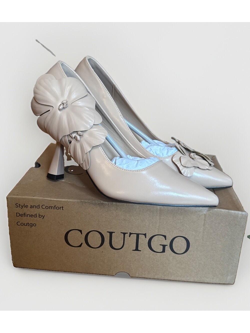 NIB Coutgo Women's Stiletto High Heels Flower Formal Pumps Beige Size 8